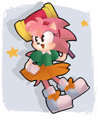 Size: 4000x5000 | Tagged: safe, artist:mizuki247, amy rose, 2023, abstract background, amybetes, blushing, classic amy, cute, hand on hip, holding something, looking offscreen, mouth open, piko piko hammer, shadow (lighting), smile, solo, star (symbol)