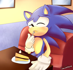 Size: 2000x1900 | Tagged: safe, artist:mizuki247, sonic the hedgehog, 2019, abstract background, blushing, cake, chair, eating, eyes closed, fork, happy, holding something, plate, redraw, restaurant, signature, sitting, smile, solo, table, window