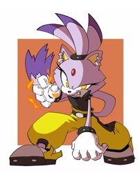 Size: 3308x4096 | Tagged: safe, artist:thenovika, blaze the cat, surge the tenrec, fire, outfit swap, solo, surge's running suit