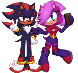 Size: 1500x1400 | Tagged: safe, artist:reinadecorazonez, shadow the hedgehog, sonia the hedgehog, duo, iphone, selfie, shadonia, shipping, simple background, straight
