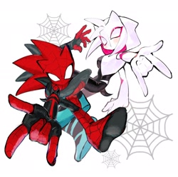 Size: 2024x2011 | Tagged: safe, artist:usa37107692, amy rose, sonic the hedgehog, crossover, duo, spider gwen, spiderman
