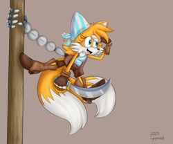 Size: 2048x1707 | Tagged: safe, artist:cyngawolf, miles "tails" prower, sails, sonic prime, brown background, chest fluff, eyelashes, fingerless gloves, gender swap, headscarf, holding something, looking offscreen, mouth open, salute, signature, simple background, smile, solo, sword