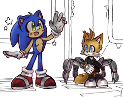 Size: 640x509 | Tagged: source needed, safe, artist:chibi-0004, miles "tails" prower, nine, sonic the hedgehog, sonic prime, abstract background, alternate version, blushing, cute, duo, frown, looking at them, mouth open, sitting, smile, sonabetes, standing, star (symbol), tailabetes, top surgery scars, trans male, transgender, waving