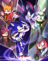 Size: 2000x2500 | Tagged: safe, artist:lilac-cat-draws, amy rose, knuckles the echidna, miles "tails" prower, nine, rebel rouge, rouge the bat, sonic the hedgehog, sonic prime, abstract background, broken glass, frown, group, holding something, knuckles the dread, paradox prism, rusty rose, sweatdrop