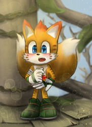 Size: 1600x2200 | Tagged: safe, artist:juyu-u, mangey, miles "tails" prower, sonic prime, abstract background, bandage, berry, blushing, holding something, looking ahead, mouth open, one fang, signature, solo, sparkling eyes, standing