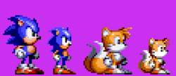 Size: 580x250 | Tagged: safe, artist:blitzerhog12, miles "tails" prower, sonic the hedgehog, 2022, classic sonic, classic tails, duo, looking ahead, pixel art, purple background, remake, simple background, sonic chaos, sprite, standing