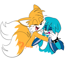 Size: 1447x1159 | Tagged: safe, artist:mistyriousness, kit the fennec, miles "tails" prower, blushing, duo, flat colors, gay, hugging, kitails, male, males only, mouth open, shipping, simple background, smile, surprise hug, surprised, sweatdrop, white background