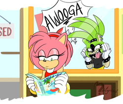Size: 1447x1229 | Tagged: safe, artist:mistyriousness, amy rose, surge the tenrec, abstract background, comic, crush, duo, female, females only, lesbian, lidded eyes, looking at them, mouth open, reading, shipping, shop, surgamy, tongue out, turning red, window