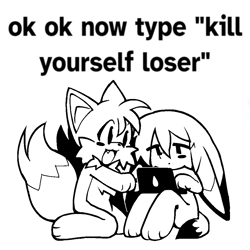 Size: 1000x1000 | Tagged: safe, artist:zombioutbreax, kit the fennec, miles "tails" prower, barefoot, black and white, blushing, chest fluff, computer, cute, dot mouth, duo, english text, gay, kitabetes, kitails, lidded eyes, looking at them, monochrome, mouth open, one fang, shipping, simple background, sitting, tailabetes, trolling, white background