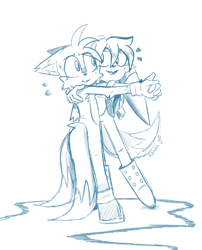 Size: 1615x1999 | Tagged: safe, artist:galaxy-petals, kit the fennec, miles "tails" prower, blushing, dancing, duo, gay, happy, kitails, looking at each other, shipping, simple background, sketch, smile, standing, sweatdrop, white background