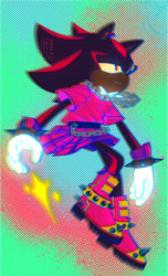 Size: 811x1335 | Tagged: safe, artist:andva-ri, shadow the hedgehog, abstract background, boots, chain, chest fluff, ear piercing, frown, lidded eyes, looking offscreen, nonbinary, shirt, skirt, solo, spiked bracelet, star (symbol)