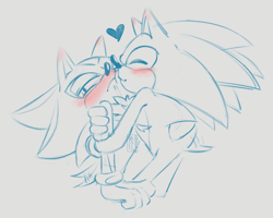 Size: 914x732 | Tagged: safe, artist:andva-ri, shadow the hedgehog, sonic the hedgehog, blushing, blushing ears, duo, eyes closed, gay, grey background, heart, holding each other, kiss, male, nonbinary, shadow x sonic, shipping, simple background, sketch