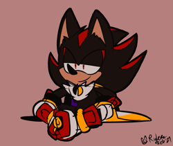 Size: 611x515 | Tagged: safe, artist:nerdypiratez, shadow the hedgehog, chest fluff, ear fluff, hands together, lidded eyes, looking ahead, nonbinary, nonbinary pride, pride cape, signature, simple background, sitting, smile, solo