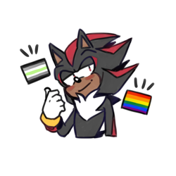 Size: 1000x1000 | Tagged: safe, artist:shadowmatcha, shadow the hedgehog, agender, agender pride, blushing, gay pride, lidded eyes, looking offscreen, pride flag, simple background, smile, solo, standing, thumbs up, white background