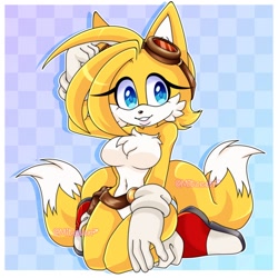 Size: 1500x1500 | Tagged: safe, artist:mitzeenr, miles "tails" prower, abstract background, belt, chest fluff, clenched teeth, female, gender swap, goggles, goggles on head, kneeling, looking at viewer, smile, solo, sonic boom (tv)