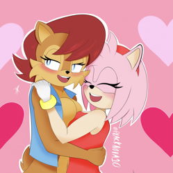 Size: 1275x1280 | Tagged: safe, artist:blackbusternova, amy rose, sally acorn, 2021, abstract background, blushing, duo, eyes closed, female, females only, heart, holding each other, hugging, lesbian, lidded eyes, looking offscreen, outline, sallamy, shipping, signature, smile, sparkles, standing