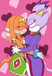 Size: 876x1280 | Tagged: safe, artist:blackbusternova, blaze the cat, tikal, 2020, blushing, breasts are touching, crack shipping, duo, eyes closed, female, females only, holding each other, lesbian, lidded eyes, looking at them, pout, shipping, tikaze