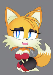 Size: 912x1280 | Tagged: safe, artist:blackbusternova, miles "tails" prower, 2021, breasts, chibi, eyelashes, eyeshadow, fangs, female, gender swap, grey background, hands between legs, kneeling, lidded eyes, looking at viewer, mouth open, rouge's heart top, signature, simple background, solo, solo female