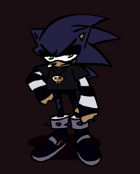 Size: 2048x2548 | Tagged: safe, artist:mushroom-cookie-bear, sonic the hedgehog, 2019, eyeshadow, fingerless gloves, frown, goth, goth outfit, goth sonic, hand on hip, lidded eyes, long gloves, looking at viewer, male, necklace, red background, shirt, simple background, solo, spiked shoes, standing