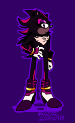 Size: 1195x1950 | Tagged: safe, artist:mushroom-cookie-bear, shadow the hedgehog, 2018, chest fluff, eyelashes, flat colors, frown, hand on hip, heels, lidded eyes, looking at viewer, male, outline, purple background, signature, simple background, solo, sonic boom (tv)