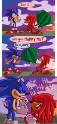 Size: 1144x2494 | Tagged: safe, artist:bdugo7, knuckles the echidna, sonic the hedgehog, 2017, abstract background, clouds, dialogue, duo, english text, gay, grass, kneeling, knuxonic, laughing, looking at them, master emerald, modern knuckles, modern sonic, mouth open, one fang, proposal, shipping, smile, standing, sunset