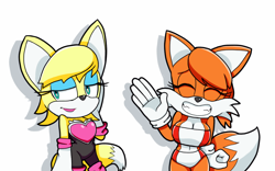 Size: 1280x800 | Tagged: safe, artist:edmopysun, miles "tails" prower, 2021, classic tails, duo, eyes closed, looking away, modern tails, rouge's heart top, shadow (lighting), simple background, standing, waving, white background