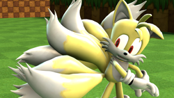 Size: 3200x1800 | Tagged: safe, artist:lunicaura106, miles "tails" prower, super tails, green hill zone, 2014, 3d, abstract background, alternate super form, floppy ear, kitsune, looking back, nine tails, red eyes, solo, standing, super form