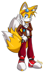 Size: 1078x1756 | Tagged: safe, artist:jamo_art, artist:jamoart, miles "tails" prower, adult, aged up, au:tides of chaos, aviator jacket, bracelet, goggles, goggles on head, looking at viewer, older, pants, signature, simple background, smile, solo, standing, transparent background