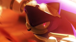 Size: 1191x670 | Tagged: dead source, semi-grimdark, artist:einnharder, sonic the hedgehog, abstract background, au:fall into the void, blood, blood splatter, glowing eyes, implied murder, looking up, male, pink eyes, smile, solo, solo male, sonic riders, sunglasses, yandere