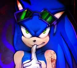 Size: 680x597 | Tagged: semi-grimdark, artist:nivven, sonic the hedgehog, abstract background, au:fall into the void, blood, clenched teeth, looking at viewer, male, modern sonic, shooshing, solo, sonic riders, standing, sunglasses, wound, yandere