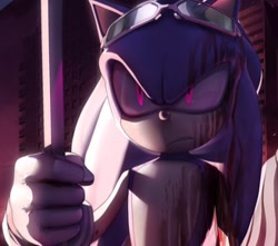 Size: 328x290 | Tagged: semi-grimdark, artist:einnharder, sonic the hedgehog, abstract background, au:fall into the void, bad quality, blood, blood stain, clenched teeth, crowbar, frown, future city, glowing eyes, holding something, lineless, looking ahead, male, modern sonic, pink eyes, solo, sonic riders, sunglasses