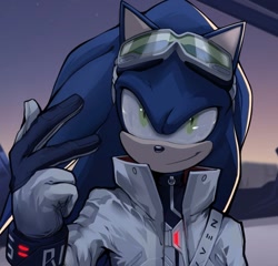 Size: 913x878 | Tagged: safe, artist:nivven, sonic the hedgehog, abstract background, au:fall into the void, goggles, goggles on head, jacket, looking offscreen, male, modern sonic, outdoors, smile, solo, sonic riders, standing, sunrise, yandere