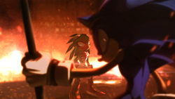 Size: 2000x1125 | Tagged: dead source, semi-grimdark, artist:einnharder, jet the hawk, sonic the hedgehog, abstract background, au:fall into the void, blood, blood splatter, clenched teeth, duo, duo male, holding something, lineless, looking at them, looking back at viewer, male, males only, shrunken pupils, sonic riders, standing