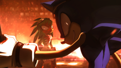 Size: 1280x720 | Tagged: dead source, semi-grimdark, artist:einnharder, jet the hawk, sonic the hedgehog, au:fall into the void, blood, blood stain, clenched teeth, duo, evil grin, glowing eyes, holding something, lineless, looking back at viewer, solo focus, sonic riders, standing, sunglasses, this won't end well