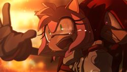 Size: 2000x1125 | Tagged: dead source, safe, artist:einnharder, amy rose, knuckles the echidna, abstract background, arms out, au:fall into the void, clenched teeth, crying, duo, female, holding them, lineless, looking at them, looking offscreen, male, mouth open, reaching out, restrained, shrunken pupils, sonic riders, tears, tears of sadness