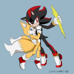 Size: 900x900 | Tagged: source needed, safe, artist:muimuitoby, miles "tails" prower, shadow the hedgehog, 2018, blue background, blushing, clenched teeth, duo, gay, holding each other, holding something, japanese text, looking at viewer, looking offscreen, mouth open, shadails, shipping, simple background