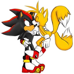 Size: 658x662 | Tagged: source needed, safe, artist:fakerface, miles "tails" prower, shadow the hedgehog, blushing, duo, eyes closed, flying, gay, hand on another's back, kiss on head, shadails, shipping, simple background, smile, spinning tails, standing, white background