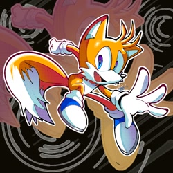 Size: 768x768 | Tagged: safe, artist:notnicknot, miles "tails" prower, abstract background, blue shoes, echo background, looking at viewer, mid-air, modern tails, reaching out, solo