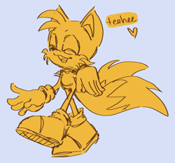 Size: 936x871 | Tagged: safe, artist:thecoolertails, miles "tails" prower, blue background, english text, eyes closed, heart, laughing, monochrome, mouth open, simple background, sketch, smile, solo, walking