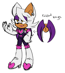 Size: 925x1041 | Tagged: safe, artist:thecoolertails, rouge the bat, ear piercing, english text, female, hair over one eye, hand on hip, lidded eyes, looking offscreen, redesign, simple background, smile, solo, solo female, standing, white background
