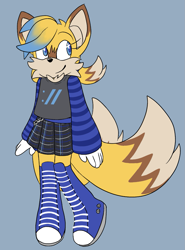 Size: 1065x1442 | Tagged: safe, artist:sonicaspeed123, miles "tails" prower, :/, au:girls girls girls (sonicaspeed123), blue background, boots, chain, chest fluff, dyed hair, eyelashes, female, flat colors, ponytails, simple background, skirt, smile, solo, standing, sweater, teenager, trans female, trans girl tails, transgender