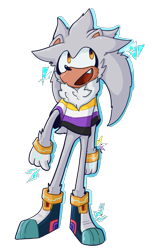 Size: 584x960 | Tagged: safe, artist:lieke2825, silver the hedgehog, chest fluff, freckles, headcanon, looking up, mouth open, neck fluff, nonbinary, nonbinary pride, one fang, pride clothes, shirt, simple background, solo, standing, transparent background