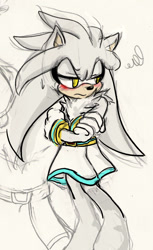 Size: 524x858 | Tagged: safe, artist:naplez, silver the hedgehog, 2008, arms folded, blushing, chest fluff, crossdressing, femboy, frown, lidded eyes, looking away, male, neck fluff, sketch, skirt, solo, standing, sweatdrop