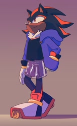 Size: 1252x2048 | Tagged: safe, artist:roarinsaurus, shadow the hedgehog, 2020, chest fluff, ear fluff, ear piercing, femboy, gradient background, hand in pocket, jacket, looking up, male, see-through skirt, shadow (lighting), shirt, skirt, smile, solo, solo male, walking