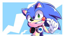 Size: 1920x1080 | Tagged: safe, artist:anneeve, sonic the hedgehog, 2018, abstract background, border, clenched teeth, headphones, holding something, lollipop, looking at viewer, modern sonic, signature, smile, solo, standing