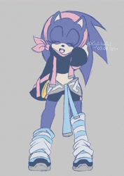 Size: 2480x3508 | Tagged: safe, artist:cylikaart, sonic the hedgehog, hedgehog, 2021, cropped hoodie, cute, eyes closed, female, flat colors, grey background, hand behind head, headscarf, jacket around waist, mouth open, simple background, solo, sonabetes, standing, trans female, trans girl sonic, transgender