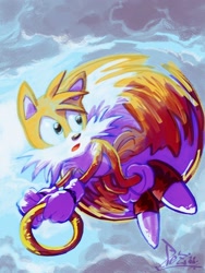 Size: 1536x2048 | Tagged: safe, artist:pezadriarts, miles "tails" prower, 2022, clouds, flying, holding something, looking back, mouth open, ring, signature, solo, spinning tails, tails skypatrol