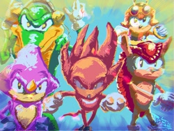 Size: 2048x1536 | Tagged: safe, artist:pezadriarts, charmy bee, espio the chameleon, knuckles the echidna, mighty the armadillo, vector the crocodile, knuckles chaotix, 2022, abstract background, classic charmy, classic espio, classic knuckles, classic mighty, classic vector, frown, group, holding something, looking at viewer, male, males only, ring, running, running towards viewer, signature