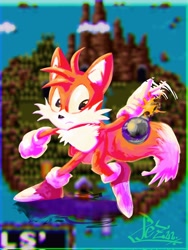 Size: 1536x2048 | Tagged: safe, artist:pezadriarts, miles "tails" prower, 2022, abstract background, bomb, classic tails, cocoa island, frown, island, looking at something, running, signature, solo, tails adventure, throwing