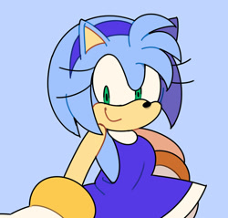 Size: 1024x978 | Tagged: safe, artist:aandygp, amy rose, 2018, blue background, blue fur, color swap, eyelashes, hand on hip, looking down, modern amy, simple background, smile, solo, standing